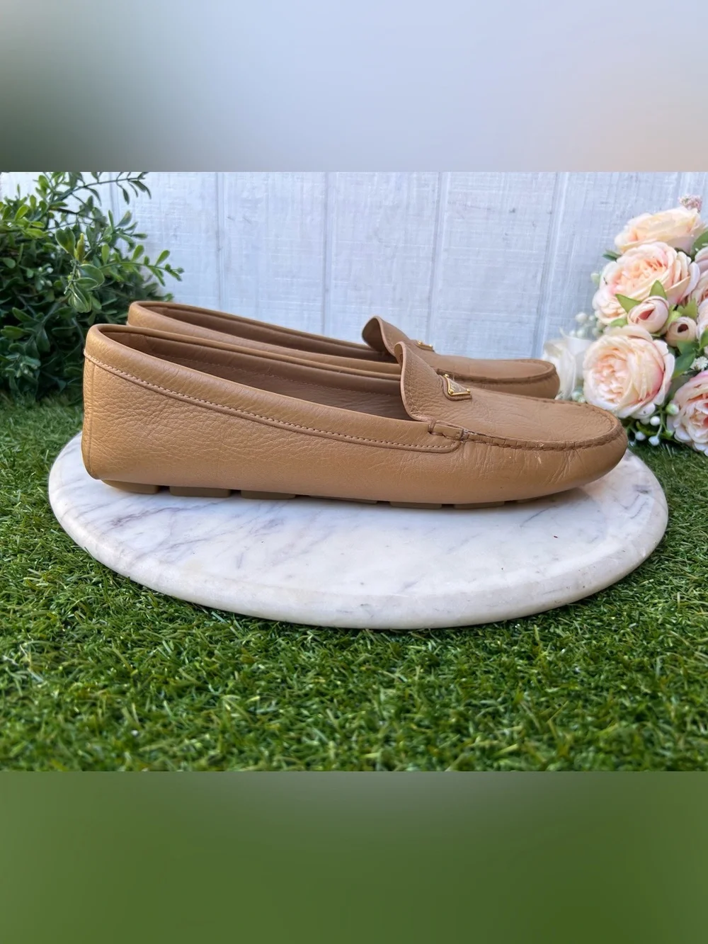 Prada Triangle Logo Driving Loafer Women 41 US 11 gently used  camel brown